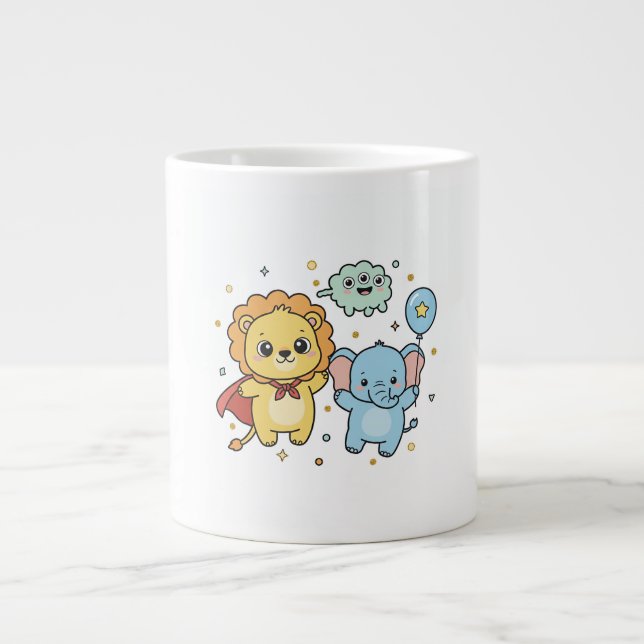 Cute Superhero Lion and Elephant Friends Cartoon Large Coffee Mug (Front)