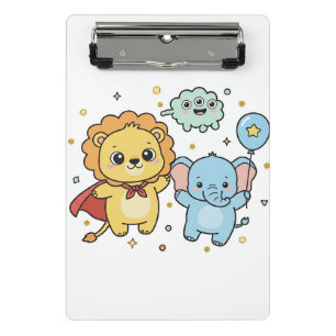 Cute Superhero Lion and Elephant Friends Cartoon Mini Clipboard