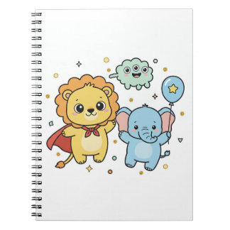 Cute Superhero Lion and Elephant Friends Cartoon Notebook