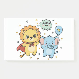 Cute Superhero Lion and Elephant Friends Cartoon Post-it Notes