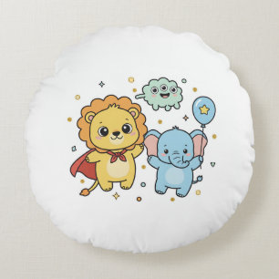 Cute Superhero Lion and Elephant Friends Cartoon Round Cushion