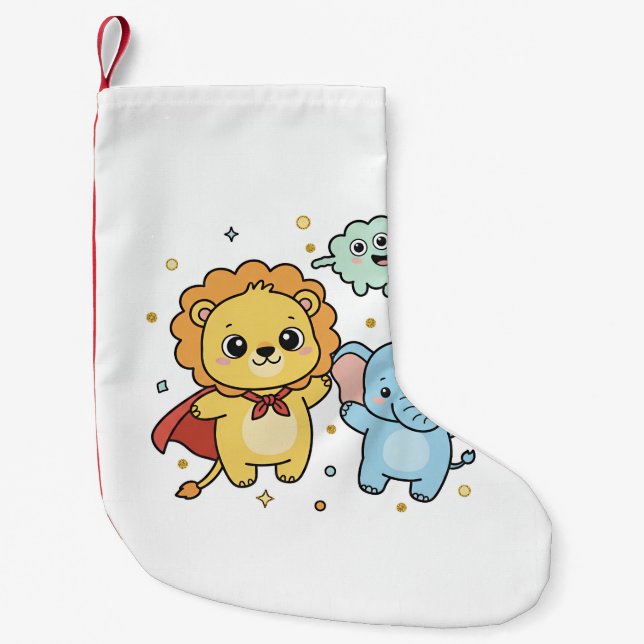 Cute Superhero Lion and Elephant Friends Cartoon Small Christmas Stocking (Front)