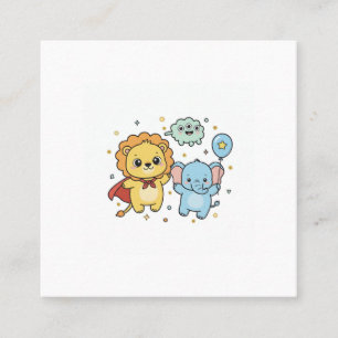Cute Superhero Lion and Elephant Friends Cartoon Square Business Card