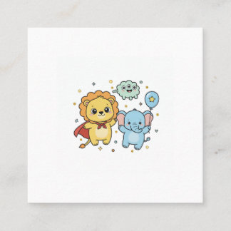 Cute Superhero Lion and Elephant Friends Cartoon Square Business Card