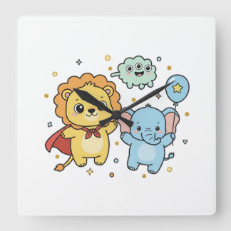 Cute Superhero Lion and Elephant Friends Cartoon Square Wall Clock