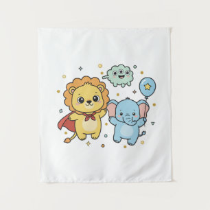 Cute Superhero Lion and Elephant Friends Cartoon Tapestry