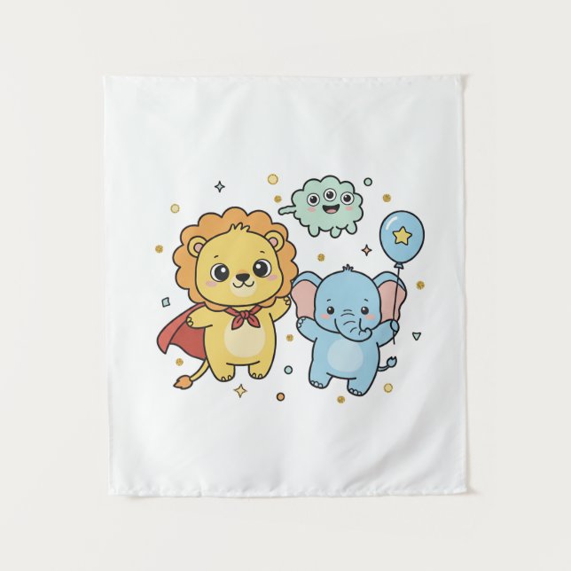 Cute Superhero Lion and Elephant Friends Cartoon Tapestry (Front)