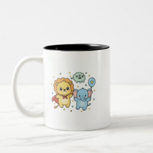 Cute Superhero Lion and Elephant Friends Cartoon Two-Tone Coffee Mug