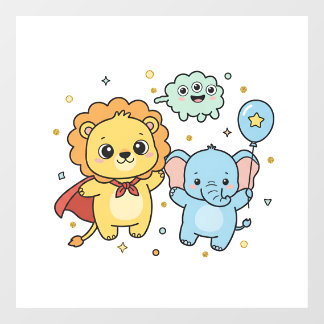 Cute Superhero Lion and Elephant Friends Cartoon Window Cling