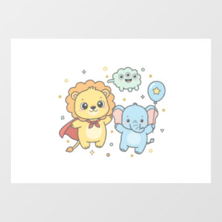 Cute Superhero Lion and Elephant Friends Cartoon Window Cling