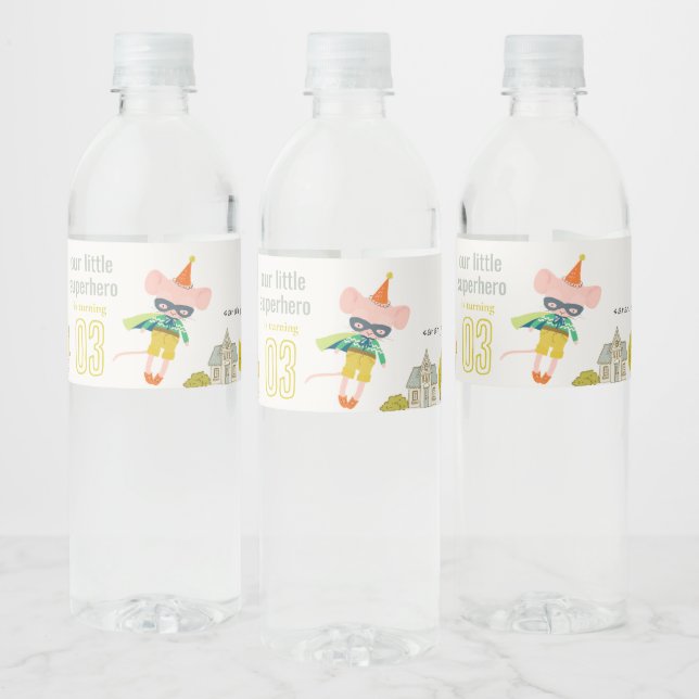 Cute Superhero Mouse Fun Kids Photo Birthday Water Bottle Label (Bottles)