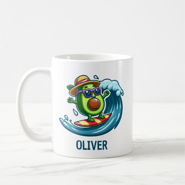 Cute Surfer Avocado Hits the Waves Personalised Coffee Mug (Left)