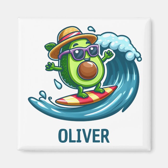Cute Surfer Avocado Hits the Waves Personalised Magnet (Front)