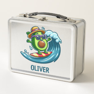 Cute Surfer Avocado Hits the Waves Personalised Metal Lunch Box