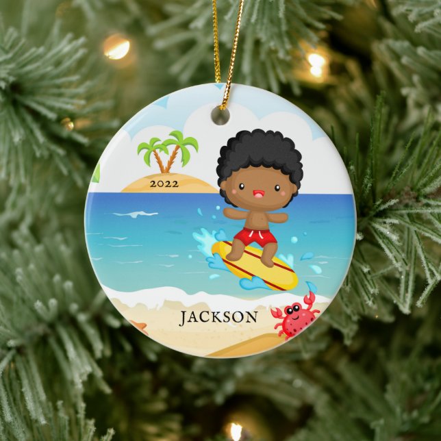 Cute Surfer Boy Personalised Christmas Ceramic Tree Decoration (Tree)