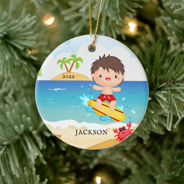 Cute Surfer Boy Personalised Christmas Ceramic Tree Decoration (Tree)