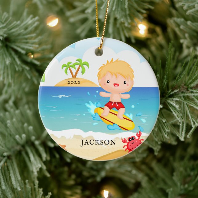 Cute Surfer Boy Personalised Christmas Ceramic Tree Decoration (Tree)