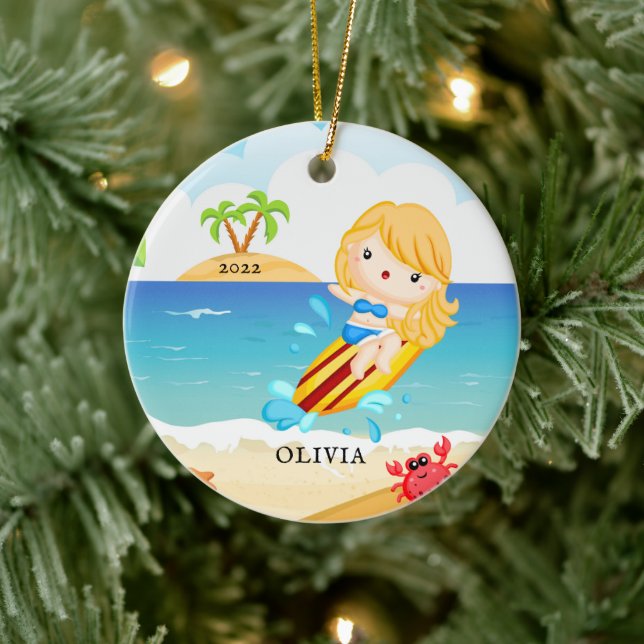 Cute Surfer Girl Personalised Christmas Ceramic Tree Decoration (Tree)
