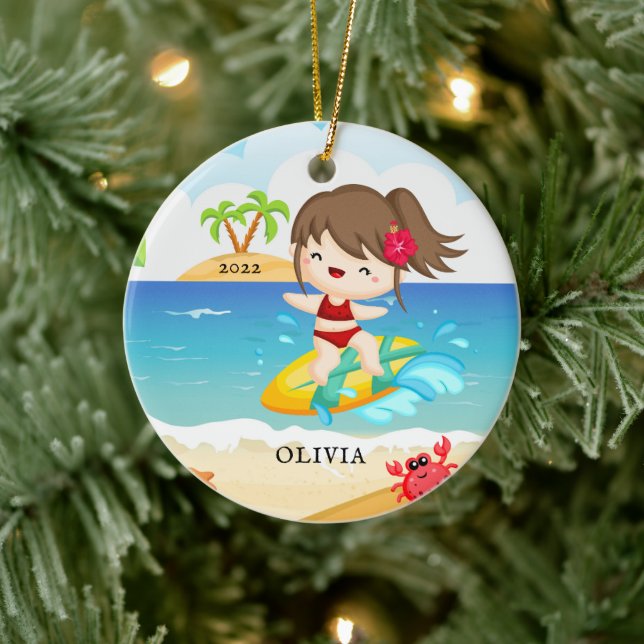 Cute Surfer Girl Personalised Christmas  Ceramic Tree Decoration (Tree)