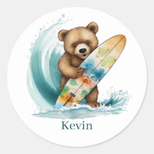 Cute surfing bear add name classic round sticker
