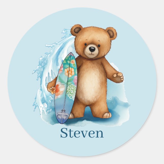 Cute surfing bear add name  classic round sticker (Front)