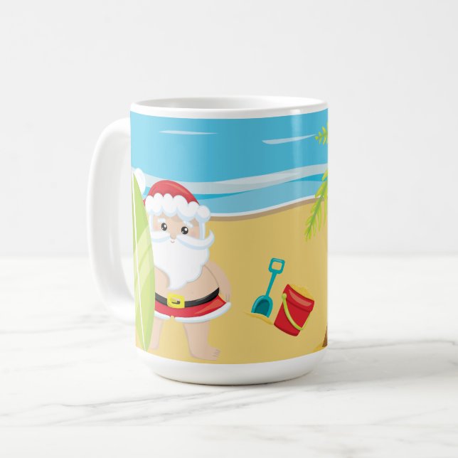 CUTE SURFING CHRISTMAS SANTA CLAUS ON THE BEACH COFFEE MUG (Front Left)