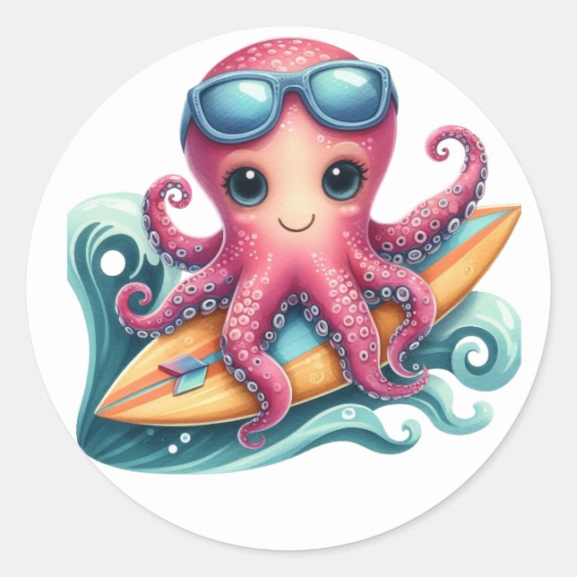 Cute Surfing Octopus Stickers (Front)