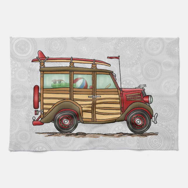 Cute Surfing Woody Tea Towel (Horizontal)