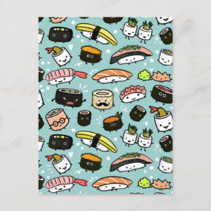 Cute Sushi Characters Kawaii Sushi Patterned Postcard