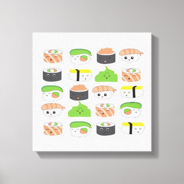 Cute Sushi Illustration variety Kawaii style Canvas Print (Front)