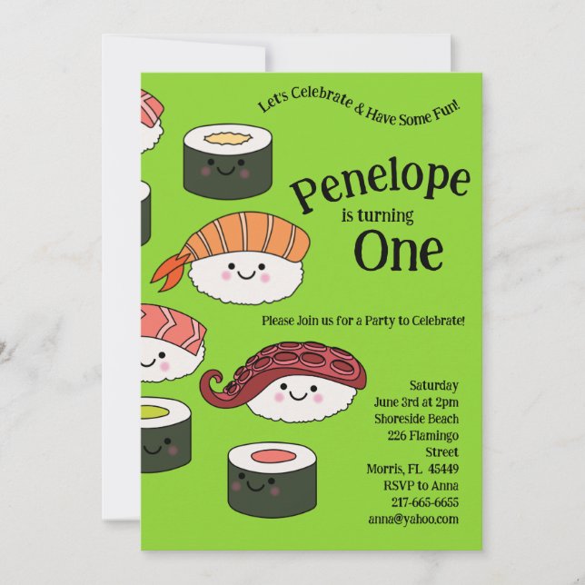 Cute Sushi Kids 1st Birthday Party Kawaii Invitation (Front)