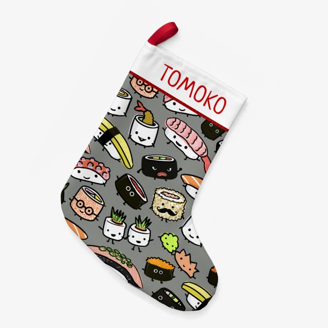 Cute Sushi Pattern Funny Kawaii Food Holiday Xmas Small Christmas Stocking (Front (Hanging))