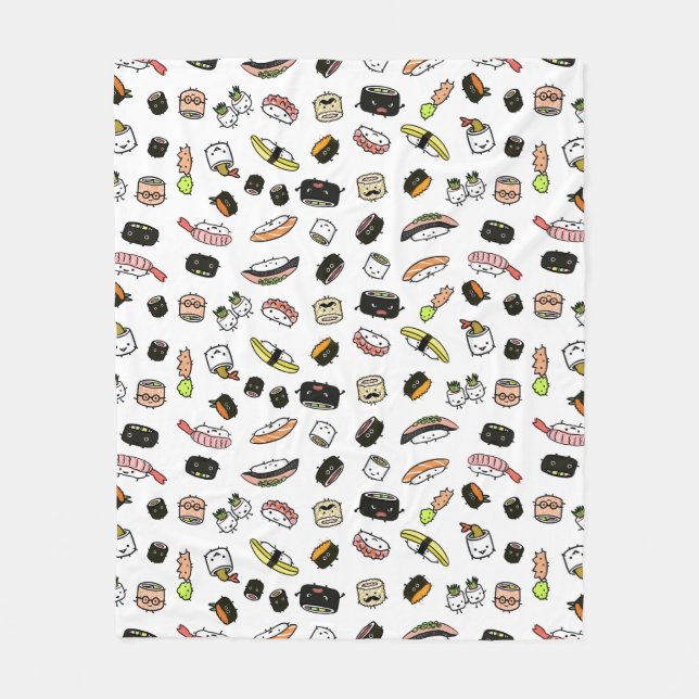 Cute Sushi Pattern | Kawaii Sushi Characters Fleece Blanket (Front)