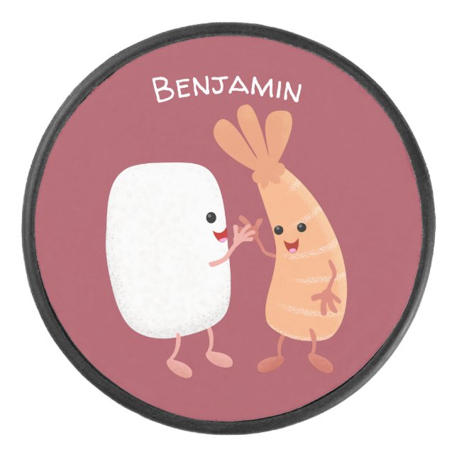 Cute sushi rice prawn friends cartoon hockey puck (Front)