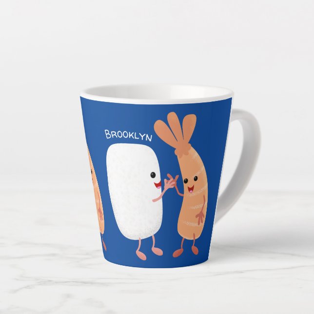 Cute sushi rice prawn friends cartoon latte mug (Right Angle)