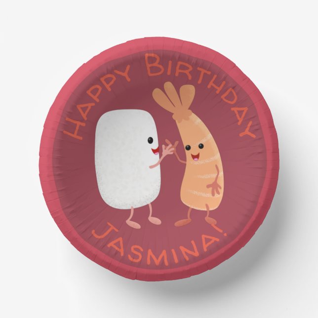 Cute sushi rice prawn friends cartoon paper plate (Front)