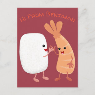 Cute sushi rice prawn friends cartoon postcard