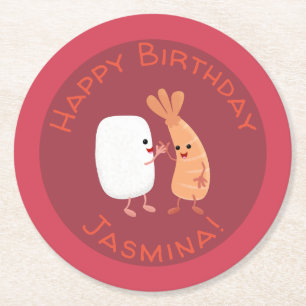 Cute sushi rice prawn friends cartoon round paper coaster