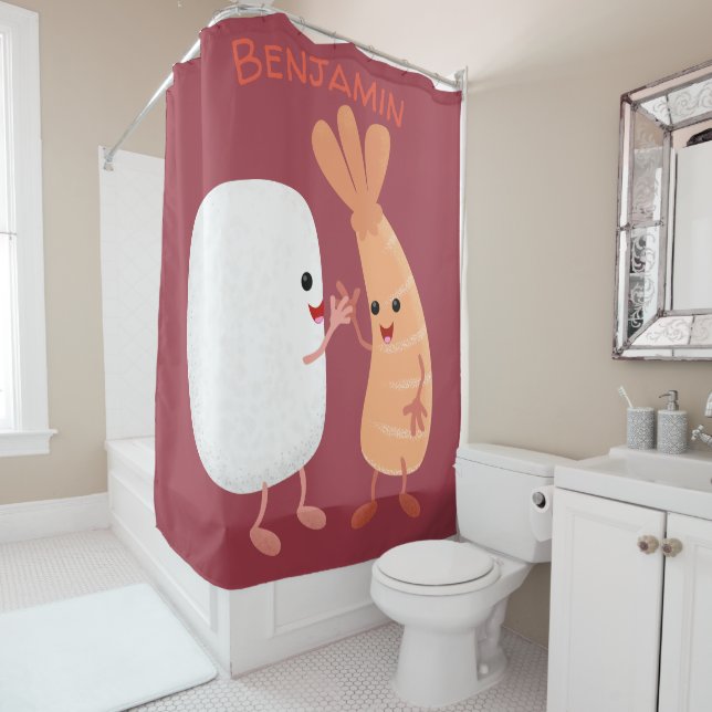 Cute sushi rice prawn friends cartoon shower curtain (In Situ)