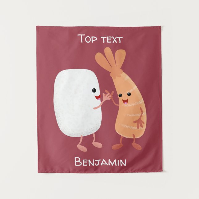 Cute sushi rice prawn friends cartoon  tapestry (Front)