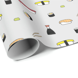 Cute Sushi Roll Set Pattern Nigiri Maki Light Grey Wrapping Paper