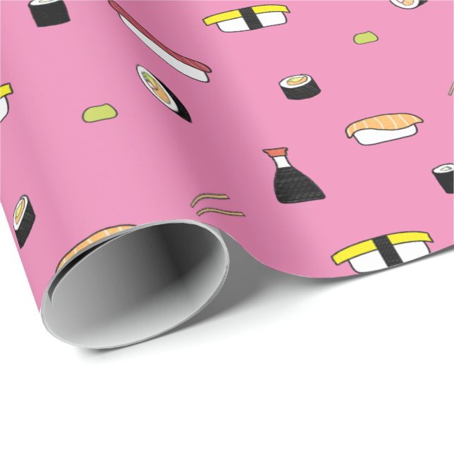 Cute Sushi Roll Set Pattern Nigiri Maki Light Pink Wrapping Paper (Roll Corner)