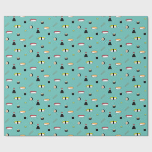 Cute Sushi Roll Set Pattern Nigiri Maki Light Teal Wrapping Paper