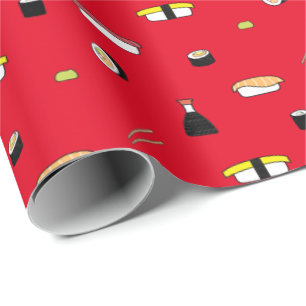 Cute Sushi Roll Set Pattern Nigiri Maki   Red Wrapping Paper