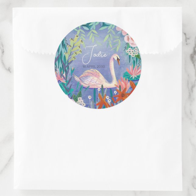 Cute Swan Bird Birth Announcement    Classic Round Sticker (Bag)