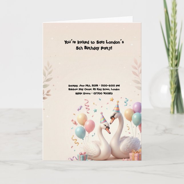 Cute Swan Birthday Party Card (Front)