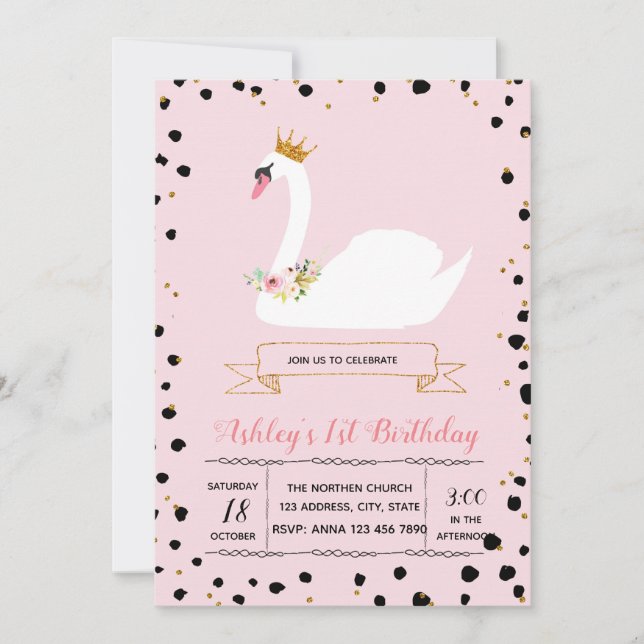 Cute swan birthday party invitation (Front)