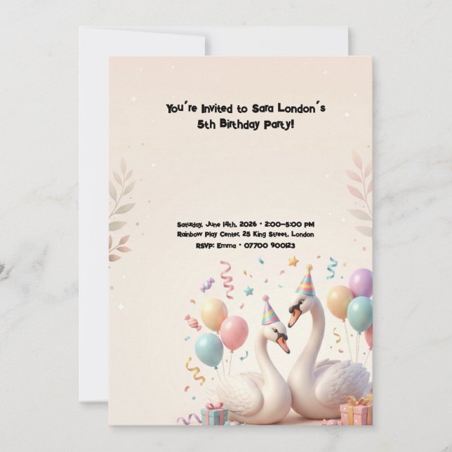 Cute Swan Birthday Party Invitation (Front)