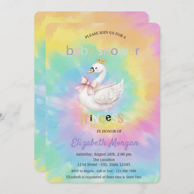 Cute Swan Crown Bow Tie Dye Baby Shower  Invitation (Front/Back)