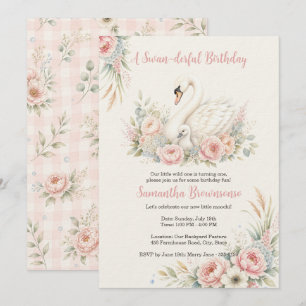 Cute Swan First Birthday Invitation
